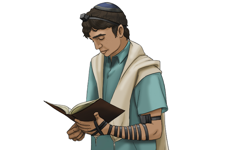 During the ceremony, the boy puts on the tefillin (a pair of small leather boxes containing Hebrew parchment scrolls, one strapped to the forehead and the other to an arm) for the first time.